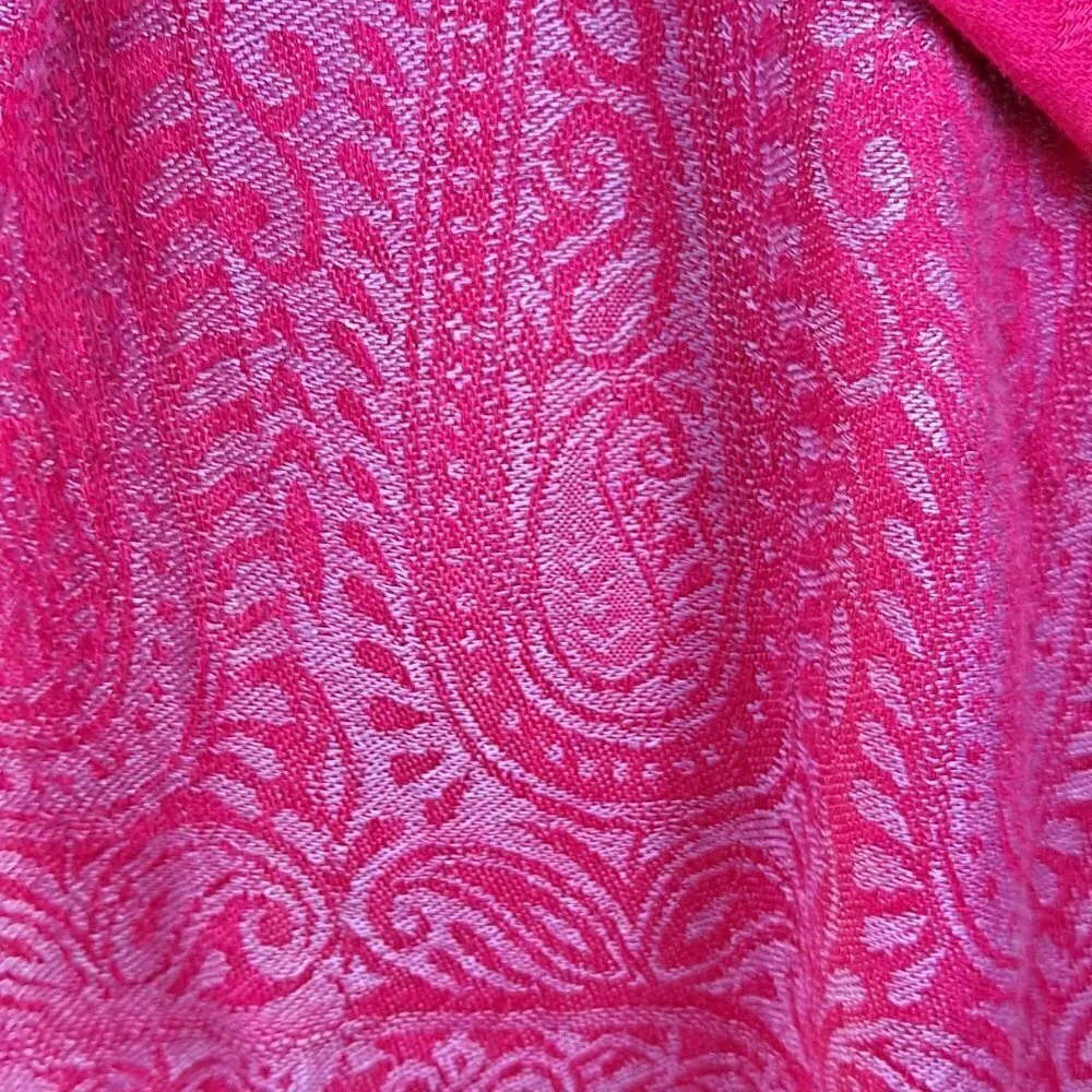 Bright Pink Silver Pashmina Scarf Wrap Fringed Ends Paisley Pattern EUC